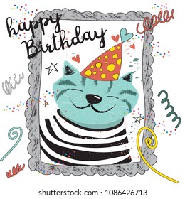 Happy cat in a striped T-shirt makes a selfie, Birthday Party Hat. In the photo frame. Funny doodle vector illustration for happy Birthday postcard, banner, wallpaper.