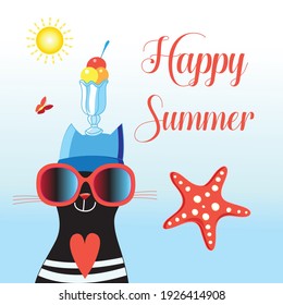 Happy cat with happy summer glasses. Example of a bright summer design