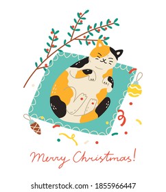 Happy cat surrounded by Christmas ornaments wishing you Merry Xmas. Vector illustration for banner, card or poster in cute cartoon style. Elements are isolated.