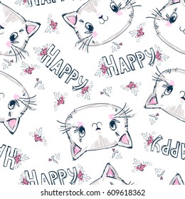 Happy cat vector seamless pattern 