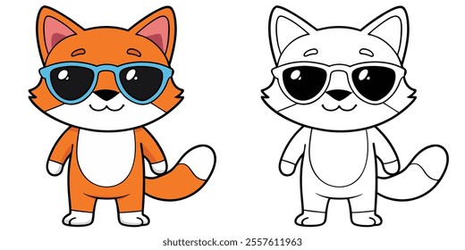 Happy Cat Wearing Eyeglasses Cartoon Coloring Page For Kids. Animal Cartoon Coloring Book Printable