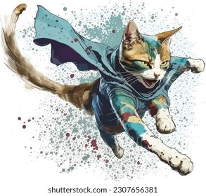 Happy cat wearing superhero clothes is flying t shirt, Vector, illustration