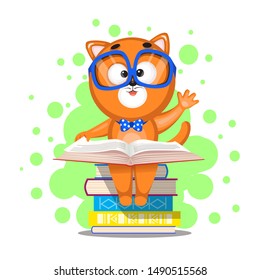 Happy Cat whith  books. Back to school concept. Cartoon character  isolated on white background. Childish vector illustration.