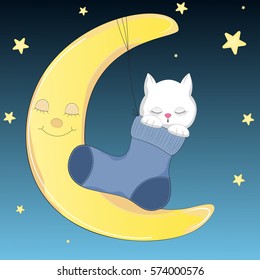 Happy cat who sleeps on the moon in sock.