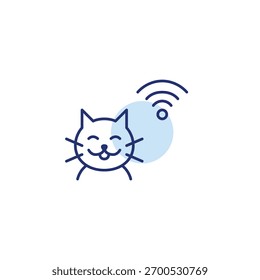 Feliz gato e wi-fi. Monitoramento de animais, dispositivos de rastreamento inteligente. Internet das coisas importa. Pixel perfeito, ícone de vetor de traçado editável