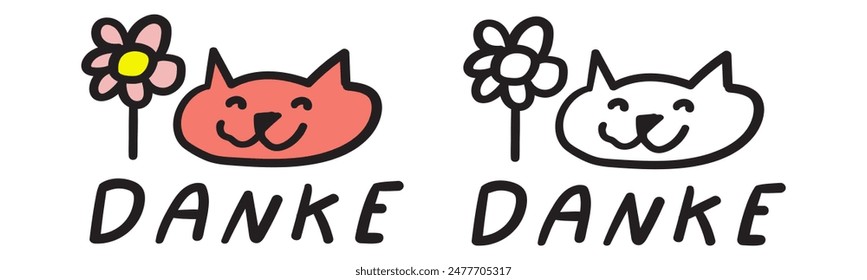 Happy cat with word Danke. It's mean thank you in German. Vector illustration on white background. Colorful and outline version of design.