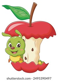 Happy caterpillar inside bitten red apple, playful concept suitable for children's books, educational materials, and nature themed designs. Vector Illustration