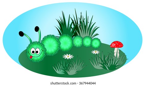 Happy caterpillar on a green lawn