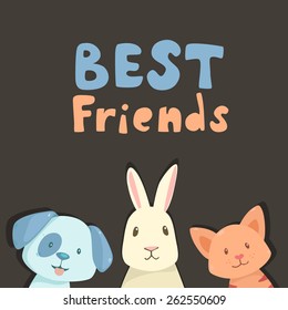 Happy cat,rabbit and dog and text best friends on black chalkboard background. Vector illustration