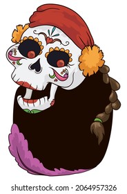 Happy Catrina character with bandana and marigold flower on its head, braided hair and traditional Mexican decorations on its face.