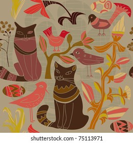 Happy cats with birds in foliage 