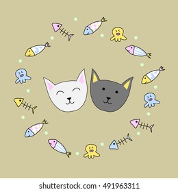Happy cats with colorful cute fishes and squids. Hand drawn background