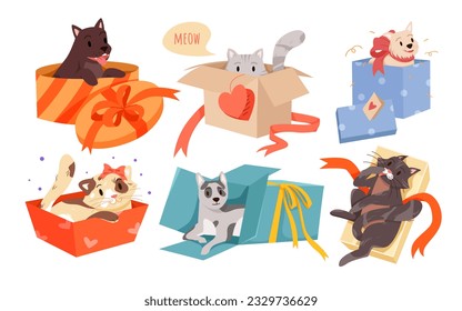 Happy cats and dogs in gift boxes set vector illustration. Cartoon isolated adorable pets playing, sitting and hiding in present cardboard boxes with ribbons and bow, funny fluffy animals to adopt