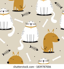 Happy cats, dogs, hand drawn backdrop. Colorful seamless pattern with animals, fishes, bones. Decorative cute wallpaper, good for printing. Overlapping background vector. Design illustration