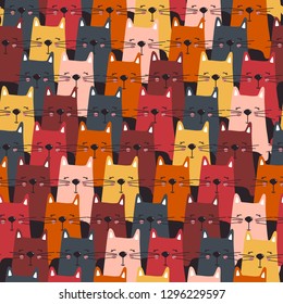 Happy cats, hand drawn backdrop. Colorful seamless pattern with animals. Decorative cute wallpaper, good for printing. Overlapping background vector. Design illustration