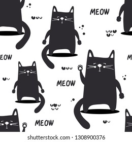Happy cats, hand drawn backdrop. Black and white seamless pattern with animals. Decorative cute wallpaper, good for printing. Overlapping background vector. Design illustration