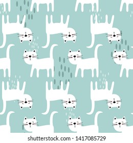 Happy cats, hand drawn backdrop. Blue and white seamless pattern with animals. Decorative cute wallpaper, good for printing. Overlapping background vector. Design illustration