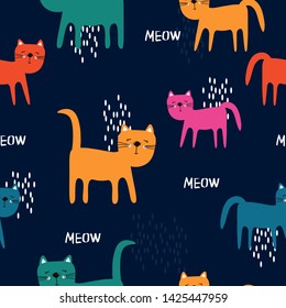Happy cats, hand drawn backdrop. Colorful seamless pattern with animals. Decorative cute wallpaper, good for printing. Overlapping background vector. Design illustration