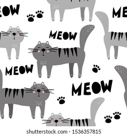 Happy cats, hand drawn backdrop. Colorful seamless pattern with animals. Decorative cute wallpaper, good for printing. Overlapping background vector. Design illustration