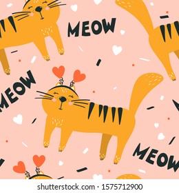 Happy cats, hand drawn backdrop. Colorful seamless pattern with animals, hearts, english text. Decorative cute wallpaper, good for printing. Overlapping background vector. Design illustration