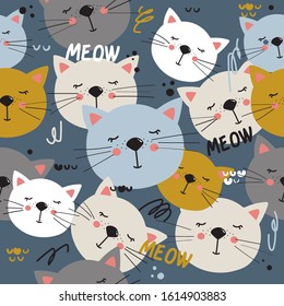 Happy cats, hand drawn backdrop. Colorful seamless pattern with animals. Decorative cute wallpaper, good for printing. Overlapping background vector. Design illustration