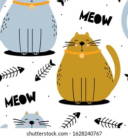 Happy cats, hand drawn backdrop. Colorful seamless pattern with animals, fishes. Decorative cute wallpaper, good for printing. Overlapping background vector. Design illustration