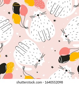 Happy cats, hand drawn backdrop. Colorful seamless pattern with animals, air balloons. Decorative cute wallpaper, good for printing. Overlapping background vector. Design illustration