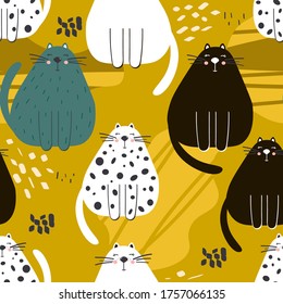 Happy cats, hand drawn backdrop. Colorful seamless pattern with animals. Decorative cute wallpaper, good for printing. Overlapping background vector. Design illustration