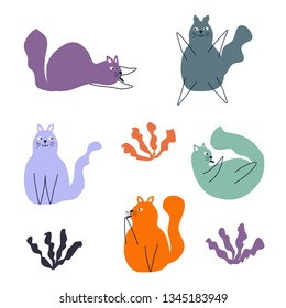 Happy cats hand drawn vector character. Color sketch cute cats  with flowers.  Greeting card, poster, banner illustration. Isolated scandinavian cartoon illustration.