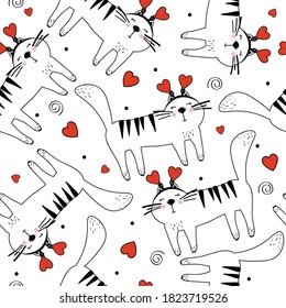 Happy cats, hearts, hand drawn backdrop. Colorful seamless pattern with animals. Decorative cute wallpaper, good for printing. Overlapping background vector. Design illustration