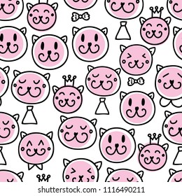 Happy cats. Line vector seamless pattern with polka dots.