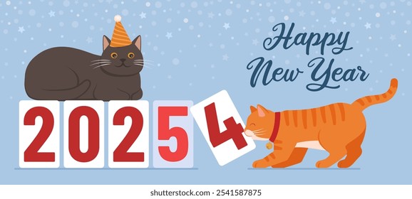 Happy cats playing and waiting for the new year, holidays and celebrations concept