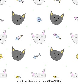 Happy cats seamless pattern with colorful cute fishes and squids. Hand drawn background