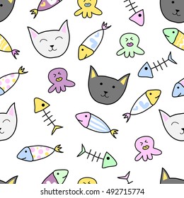 Happy cats seamless pattern with colorful cute fishes and squids. Hand drawn background