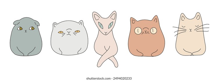 Happy cats set. Funny Cute Cats in Pastel Colours with Different Breeds.