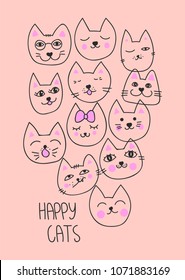 Happy cats typography slogan vector for modern t-shirt print, embroidery patch and printing. Fashion graphic tee and printed tee with cute kitty faces. For girl and boy fabric