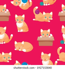 Happy cats. Vector seamless pattern on a bright background. Children's illustration in cartoon style. Cute background for baby clothes, textiles, wallpapers. The cat is in the box, playing, sleeping.