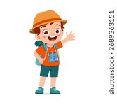 Happy Caucasian Boy with Backpack Waving Hand Smiling and Wearing Hat Ready for Adventure