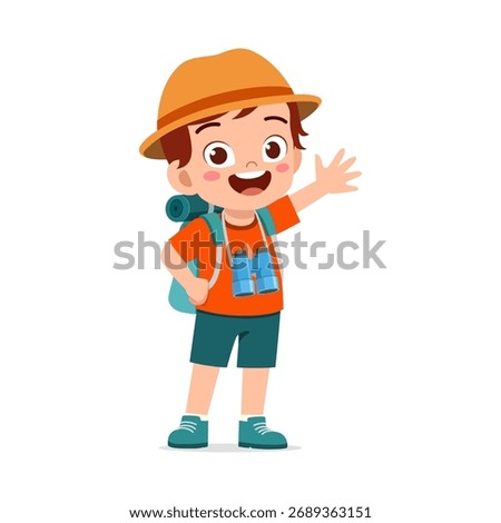 Happy Caucasian Boy with Backpack Waving Hand Smiling and Wearing Hat Ready for Adventure