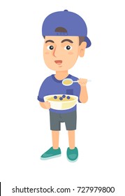 Happy caucasian boy holding a spoon and bowl of porridge with blueberries. Little boy eating porridge for breakfast. Vector sketch cartoon illustration isolated on white background.