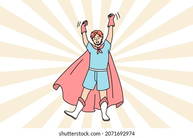 Happy Caucasian boy kid in superhero costume raise arms celebrate win or victory in game. Smiling guy in super hero clothing in winner pose. Success, achievement. Flat vector illustration. 