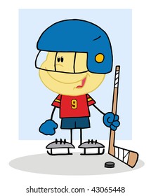 Happy Caucasian Boy Playing A Hockey Goalie