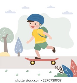 Happy caucasian boy rides skateboard. Extreme sports. Cheerful preschooler learns to skateboard. Small child in helmet and with baby transport. Hobby, sport or entertainment. flat vector illustration