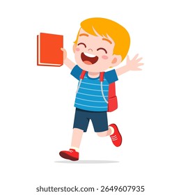 Happy Caucasian Boy Running with Book and Backpack with joyful expression