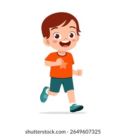 Happy Caucasian Boy Running and Smiling Wearing Orange Star Shirt and Blue Shorts Cartoon Illustration