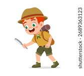 Happy Caucasian Boy Scout Exploring with Magnifying Glass Wearing Hat and Backpack