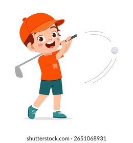 Happy Caucasian Boy Swinging Golf Club Ready to Hit Ball Illustration on White Background