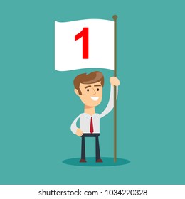 Happy Caucasian Business Man with number one flag . business concept. Stock flat vector illustration.