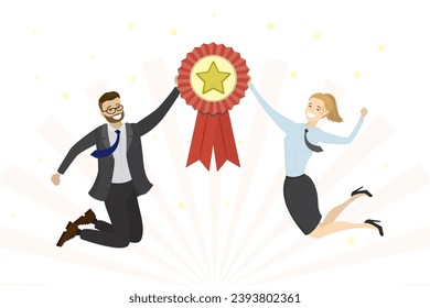 Happy caucasian business people or office workers in jump. Successful team holds winner medal. Award ceremony for winners. Quality mark with star. Gender equality. Best employees. Vector illustration