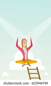 Happy caucasian business woman sitting on cloud with ledder. Successful business woman relaxing on a cloud. Business woman with rised hands on a cloud. Vector flat design illustration. Vertical layout